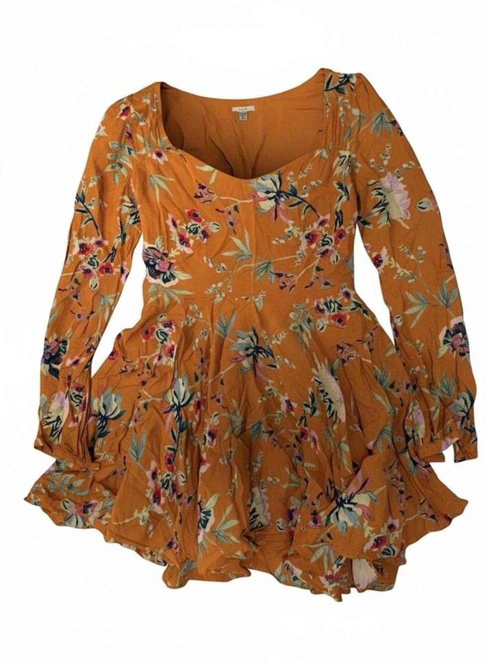 Ecote Urban Outfitters Women  8 Orange Floral Long Sleeve Fit & Flare Dress